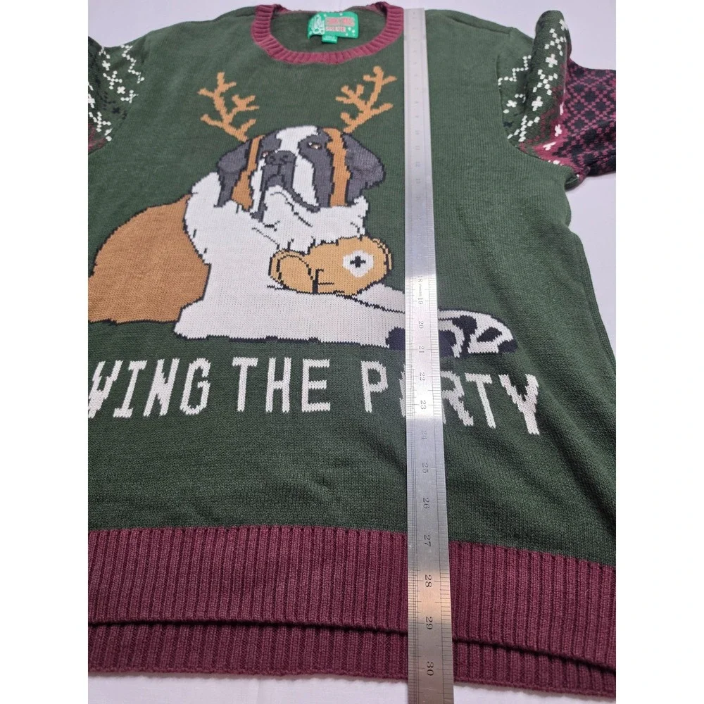 Ugly Christmas Sweater Men's XL Green Dog Saving The Party Tight Knit Cotton